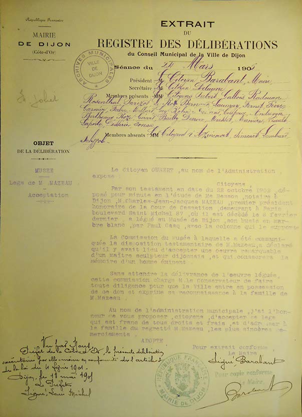4R1-18-Extrait du registre des délibérations du Conseil Municipal, 24 mars 1905, Legs de M. Mazeau