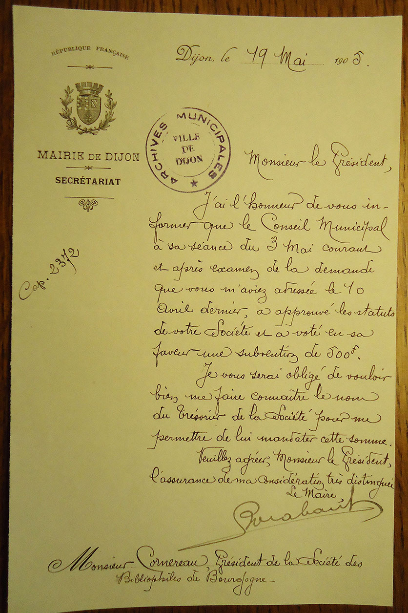 Lettre du Maire de Dijon au Président de la Société, 19 mai 1905