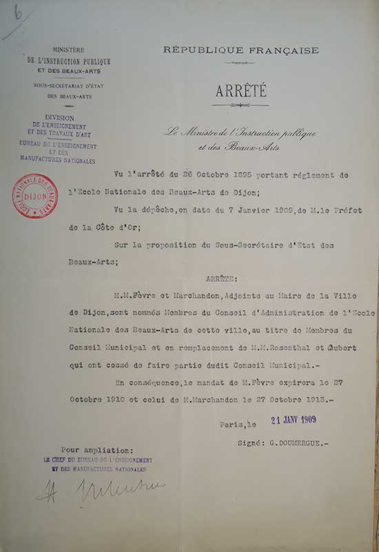 Arrêté du Ministère de l'Instruction publique et des Beaux-Arts, 21 janvier 1909 (Rosenthal ne fait plus partie du CA)