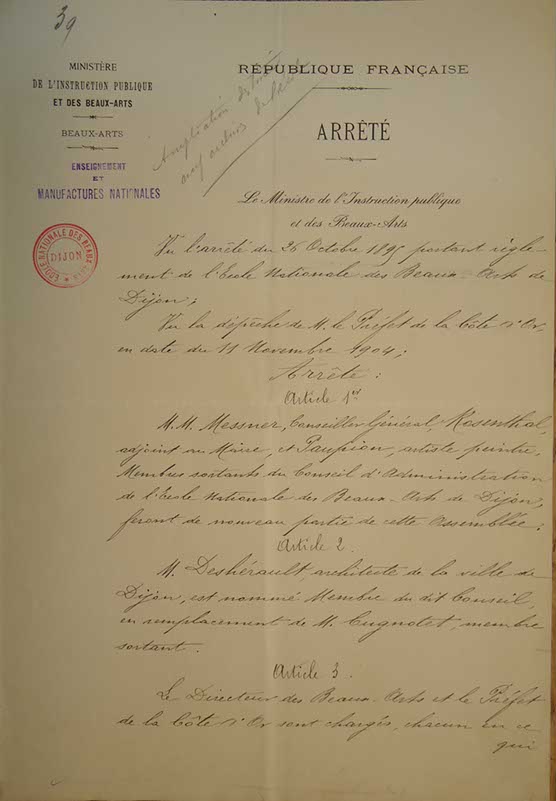 Arrêté du Ministère de l'Instruction publique et des Beaux-Arts, 29 novembre 1904