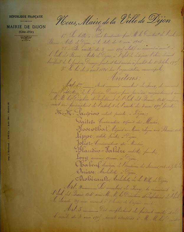 Arrêté du Maire de Dijon. Rosenthal nommé membre du jury pour la pension Devosge, 8 mai 1905